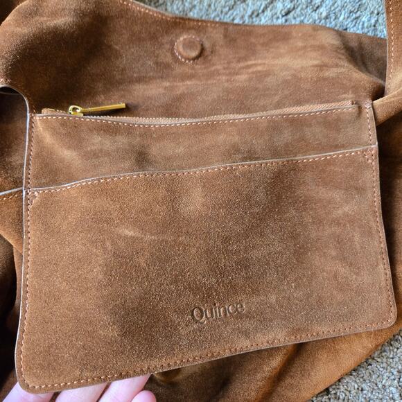 Quince Italian Suede Slouchy Shoulder Bag Purse Whiskey Cognac Brown Minimal - Picture 5 of 10